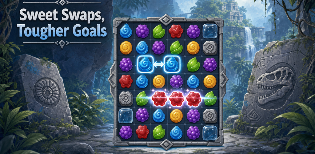 Silvervine: Candy Match banner showing candy and jelly pieces against a silver-blue rainforest